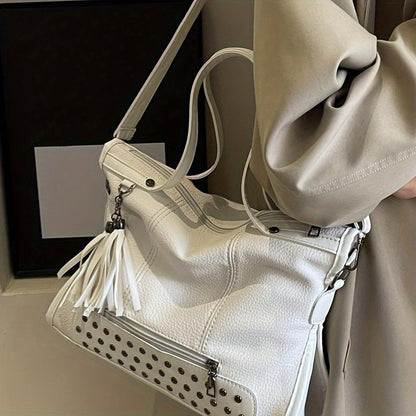Fashionable Shoulder Bag For Women, New Trend Casual Tassel Pendant Decoration, Large Capacity Tote Bag, Solid Color Rivet Inlay Design, Crossbody Bag, Retro And Stylish Handbag Suitable For Daily Commuting, Outdoor Shopping