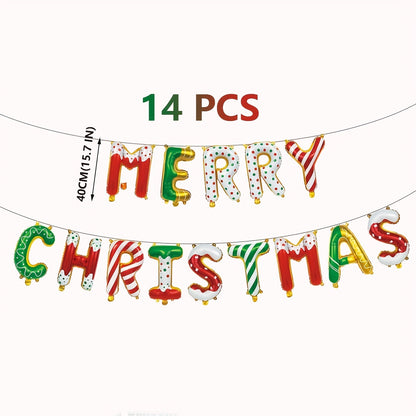 14pcs/set, 15.7in Alphabet Balloon Christmas Alphabet Banner Set, Merry Christmas Foil Balloon Merry Christmas Party Decoration Xmas Decor Indoor Balloon