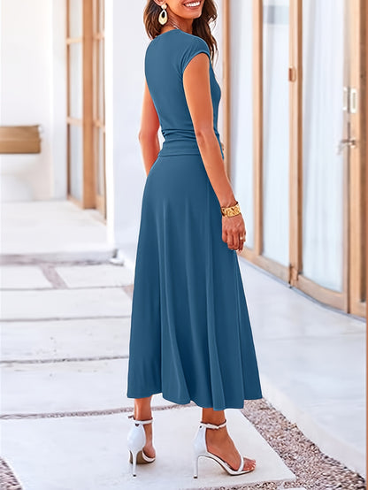 Chic Solid Color Casual Skirt Set - Ruched Crop T-shirt with Cap Sleeve, High Waist Flared Skirt, Comfortable Crew Neck, Women's Clothing for Everyday Wear