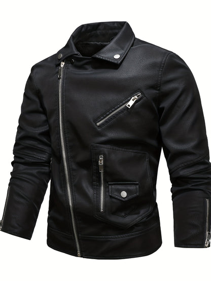 Mens Long Sleeve Lapel Thermal PU Leather Jacket with Zipper Pocket - Water-Resistant, Windproof, and Warm for Fall and Winter Outdoor Activities - Perfect for Casual Weekend Getaways and Going Out