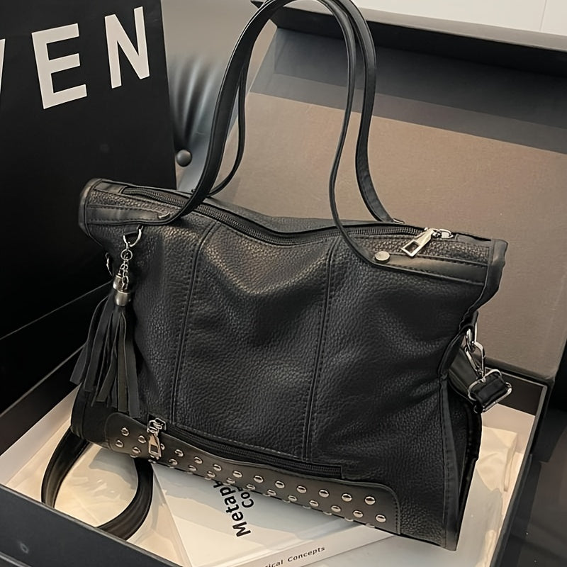 [Fast Arrival] Vintage Chic Solid Color Tassel Decor Pu Shoulder Bag - Large Capacity Tote Bag for Work, Daily, and Outdoor Use - Stylish Commuter Bag with Tassel Accents and Spacious Interior