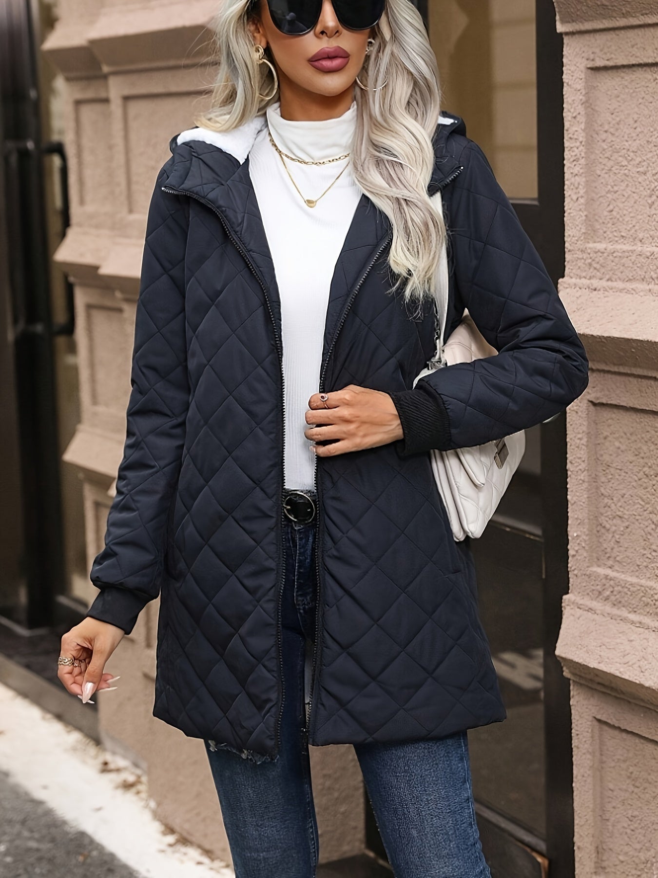Quilted Full Zip Hooded Down Coat, Casual Solid Color Long Sleeve Pocket Down Coat For Fall & Winter, Women's Clothing