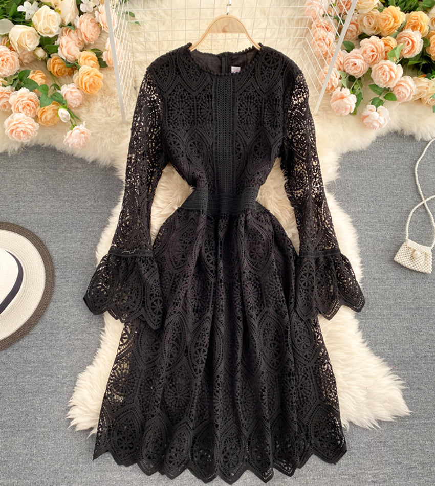 VAKKV A Line Lace Long Sleeve Dress Fashion Dress P334
