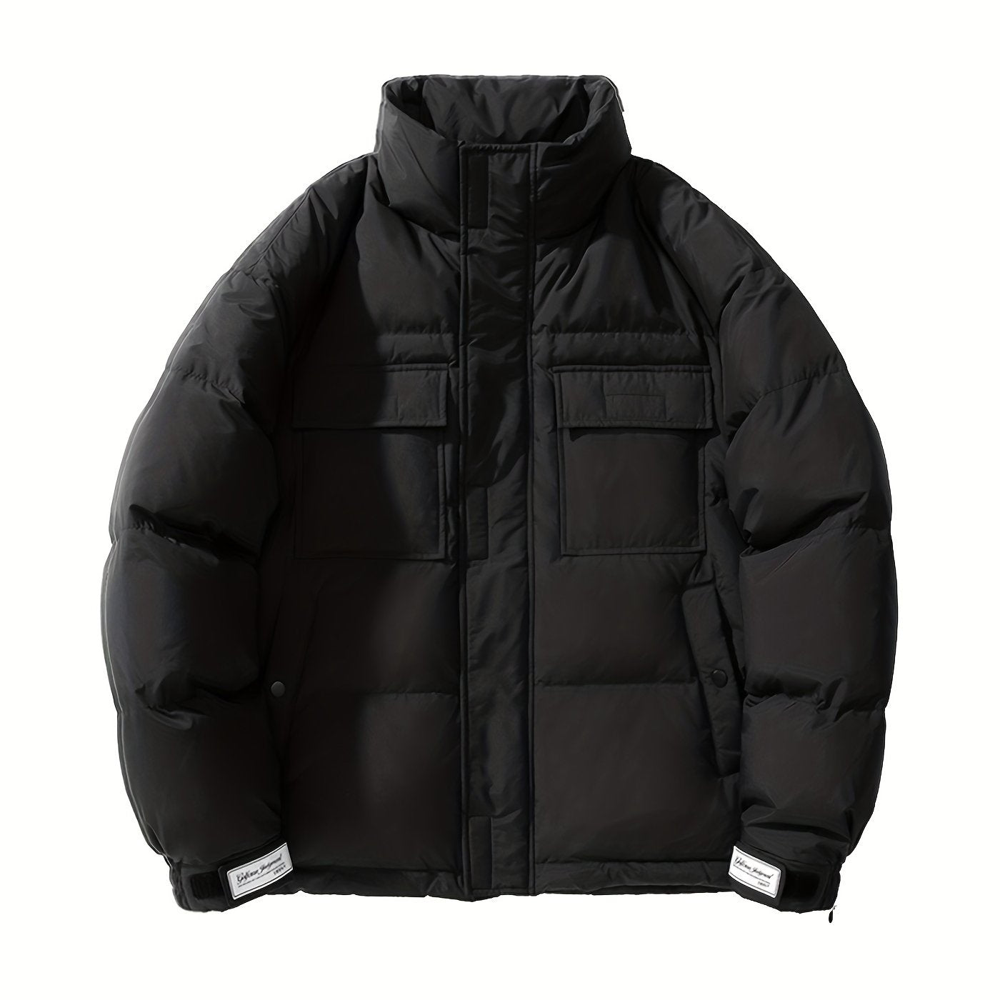 Men's Loose Solid Down Jacket With Pockets, Casual Breathable Lapel Zip Up Long Sleeve Warm Outwear For Winter Outdoor Activities
