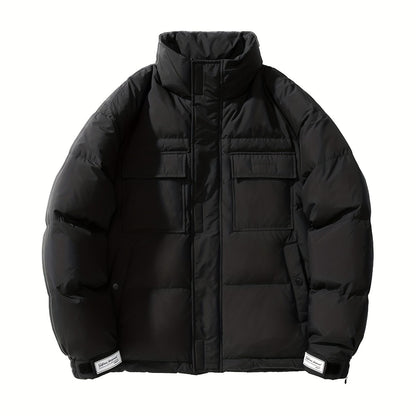 Men's Loose Solid Down Jacket With Pockets, Casual Breathable Lapel Zip Up Long Sleeve Warm Outwear For Winter Outdoor Activities