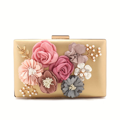 Glittering 3D Flower Evening Clutch - Stylish Womens Purse for Weddings & Parties - Dazzling Chain Strap Handbag with Delicate Floral Embellishment