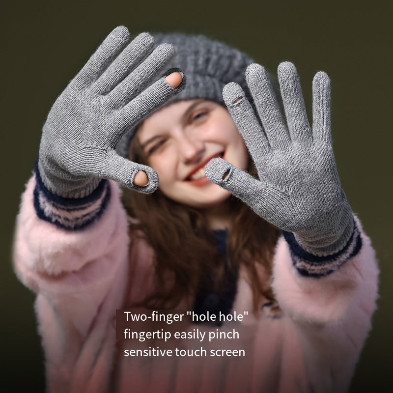 1 Pair Autumn And Winter Knitted Warm Gloves, Women's Outdoor Plus Velvet Thickened Windproof Coldproof Touch Screen Warm Gloves