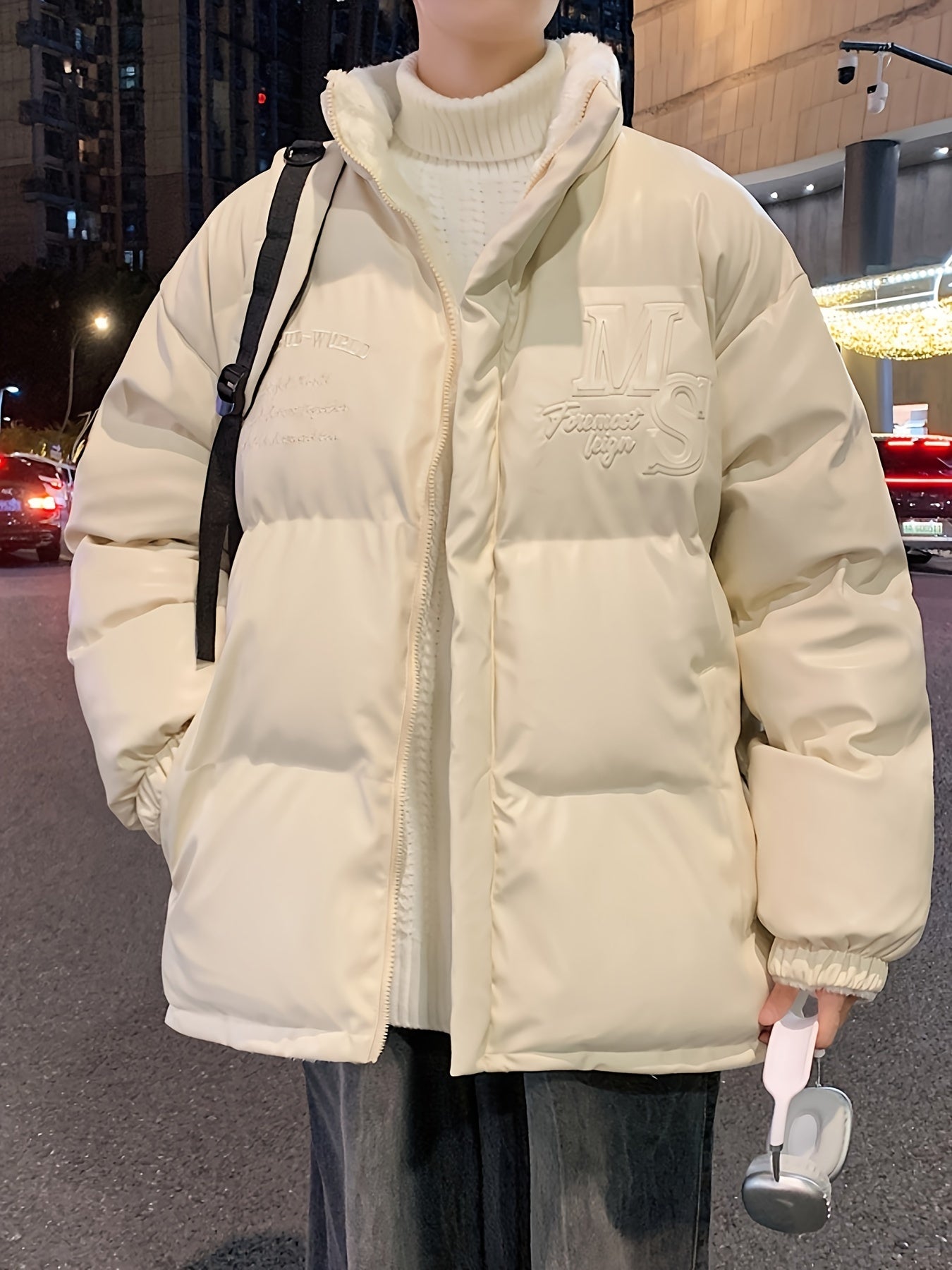 Men's Stylish Alphabets Faux Down Jacket With Pockets, Casual Breathable Lapel Zip Up Long Sleeve Warm Top For Winter City Walk Street Hanging Outdoor Activities