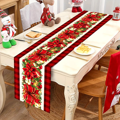 Festive Christmas Table Runner: 1PC Polyester Table Runner with Christmas Floral and Gift Elements, Perfect for Winter Holidays and Family Gatherings