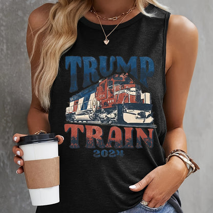Sleeveless Trump Train Print Tank Top - Freedom of Movement, Casual Comfort for Summer & Spring - Stylish Womens Clothing for Everyday Wear