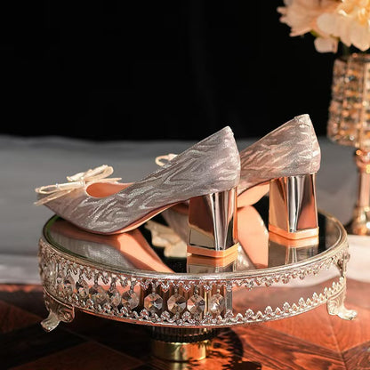 Womens Decorative Block Heels - Exquisite Bowknot Decor, Fashionable Point Toe, Easy Slip-On Design, Stylish and Sophisticated - Perfect for Formal Events, Parties, and Special Occasions Dress Pumps