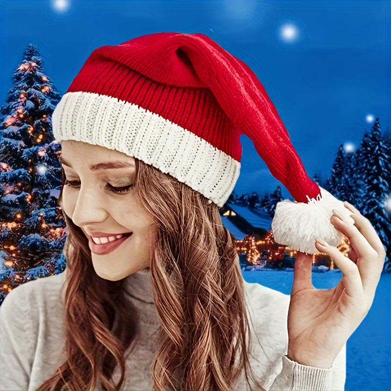 1pc Adorable Knitted Santa Hat with Pompom - Beanies for Women and Men - Soft, Warm, and Festive Christmas Gift and Party Decoration