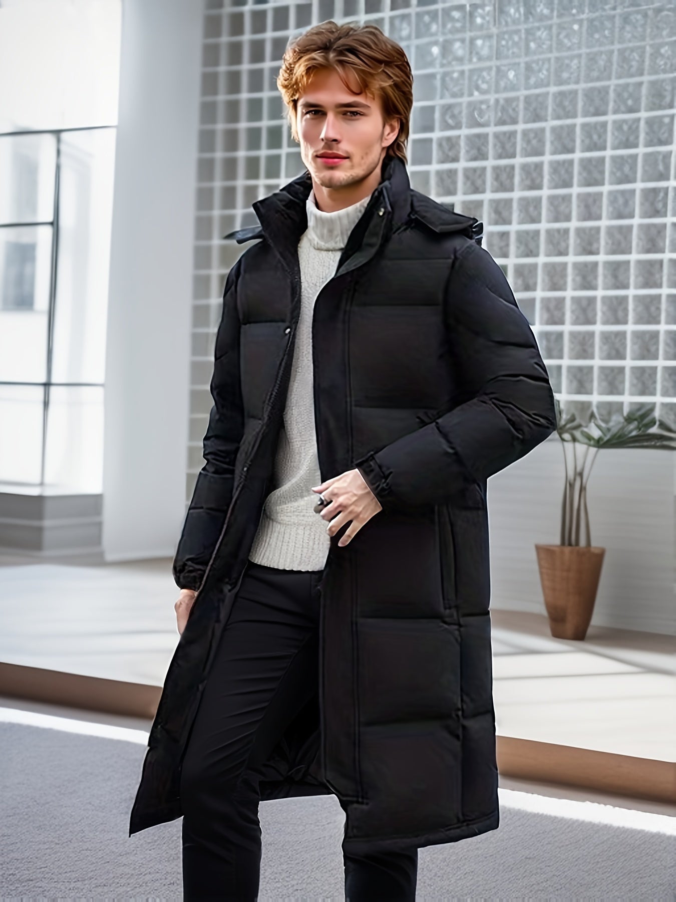 Stylish Mens Quilted Hooded Jacket - Insulated Down Filled for Ultimate Warmth & Comfort - Mid-Length Comfy Coat Perfect for All-Weather Fall Winter Outdoor Adventures - Modern & Versatile