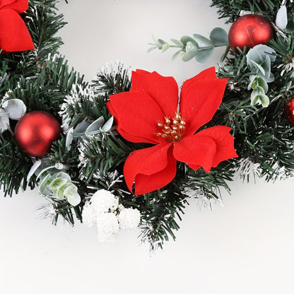 15.7 Inch Christmas Wreath Door Wall Ornament Artificial Wreath, Green Rattan With Red Flower And Ball Decorations And Battery Operated LED Lights For Home Stairs Fireplace Front Porch Door Display Indoor Outdoor Christmas Party Decor