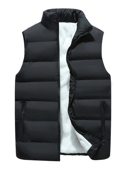 Men's Solid Sleeveless Stand Collar Down Jacket Vest With Zip Up And Pockets, Casual And Warm Tops For Autumn And Winter Wear