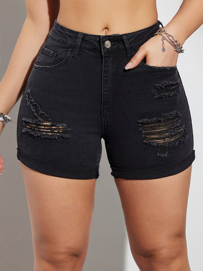 High Stretch Womens Ripped Rolled Hem Black Denim Shorts - Soft, Comfortable, Casual Sporty Style for Summer Fashion - Washed, Solid Color, No Printing, Customized, Woven