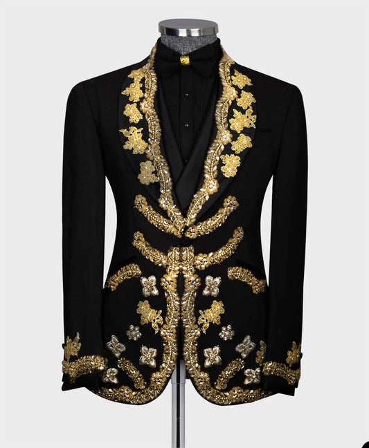Luxury Groom Wear For Prom Men Wedding Suits Shawl Lapel Jacket Appliques 3 Pcs Custom Made(Blazer+Pants+Vest)