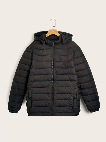 Men's Stylish Solid Faux Down Jacket With Pockets, Casual Breathable Zip Up Long Sleeve Warm Hooded Quilted Jacket For Winter City Walk Street Hanging Outdoor Activities