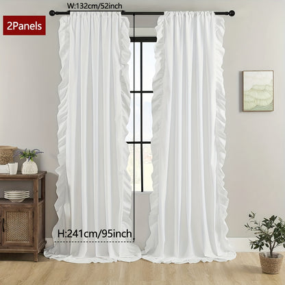 2-Panel French Romantic Ruffled Semi-Blackout Curtains - Elegant White Bay Window Balcony Decor for Living Room and Bedroom - Country Chic Home Decor with Soft Ruffles and Easy Hang Design