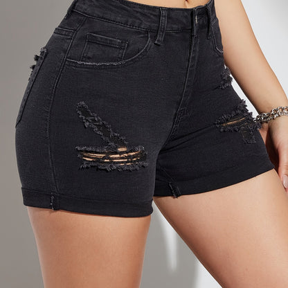 High Stretch Womens Ripped Rolled Hem Black Denim Shorts - Soft, Comfortable, Casual Sporty Style for Summer Fashion - Washed, Solid Color, No Printing, Customized, Woven