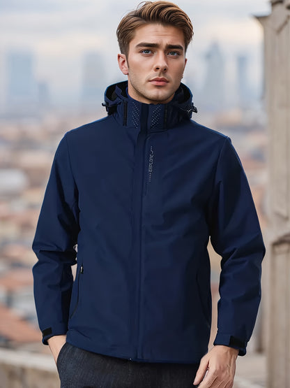 Men's Solid Color Hooded Zipper Down Windbreaker Jacket With Long Sleeve, Stand Collar And Removable Hood, Water And Wind Proof, Casual And Versatile Tops For Mountaineering And Outdoors Activities, Tops As Gifts