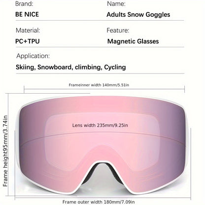 [1pc Magnetic Lens Ski Goggles] BE NICE Adult Ski Goggles, Mirrored Magnetic Lens, Anti-Fog UV400, Snowboard Goggles for Men & Women, Snowmobile Compatible, with TPU Frame, for Alpine, Cross-Country, Telemark, Snowboard, Ice Hockey Sports Eyewear