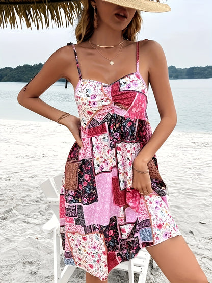 VAKKV  Flirty Patchwork Print Sweetheart Neck Dress - Backless & Sleeveless Spaghetti Strap - Spring/Summer Vacation Essential for Women