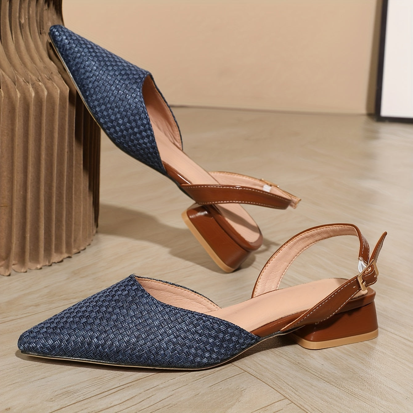 Qibusleen Women's Classic Pointed Toe Block Heel Pumps Shoes, 1.06-Inch Low Slingback Heels Slip on Mules for Women, Walking Shopping Summer Casual Dress Shoes
