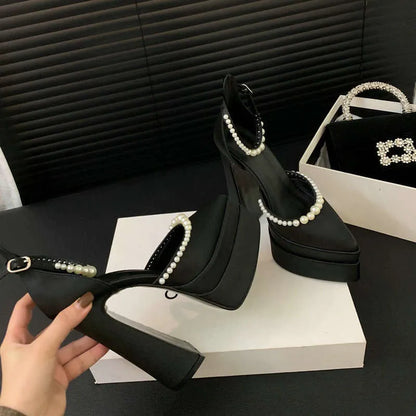New Waterproof Platform Banquet Ladies Satin Sandals Plus Size Fashion Pearl Pumps 15 Cm High Heels Kq8