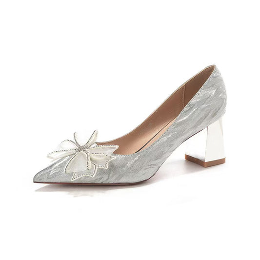 Womens Decorative Block Heels - Exquisite Bowknot Decor, Fashionable Point Toe, Easy Slip-On Design, Stylish and Sophisticated - Perfect for Formal Events, Parties, and Special Occasions Dress Pumps