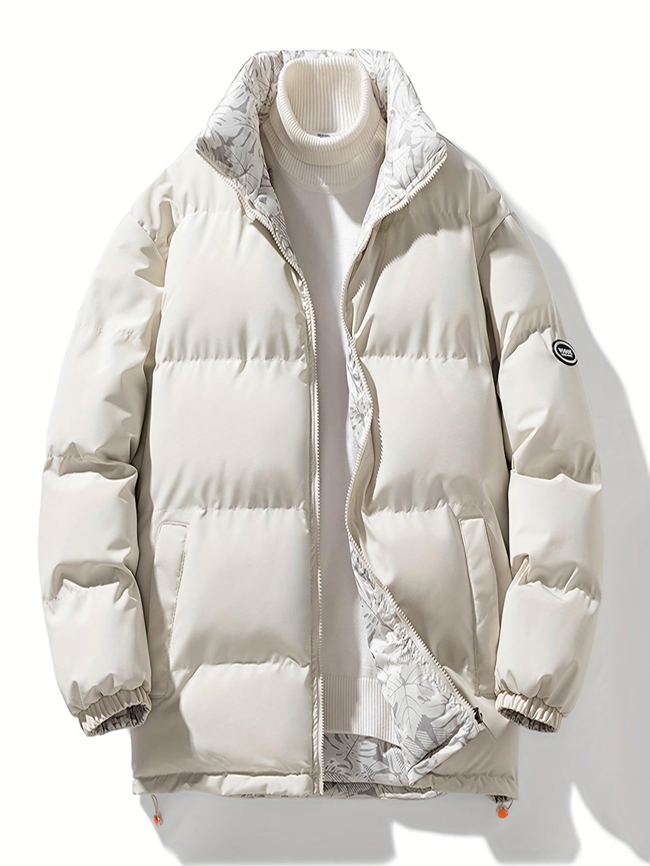 Men's Reversible Thick Jacket, Stand Collar Long Sleeves Full-Zip Down Jacket, Casual Fit Winter Wear