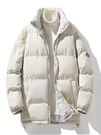 Men's Reversible Thick Jacket, Stand Collar Long Sleeves Full-Zip Down Jacket, Casual Fit Winter Wear