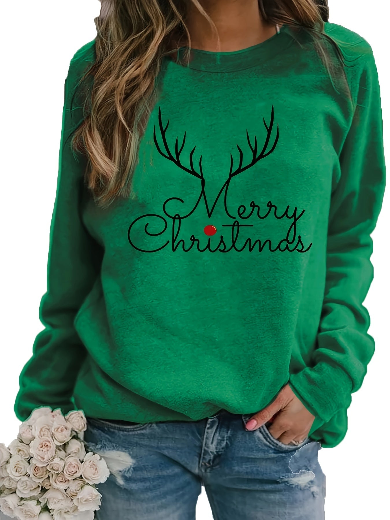 Women's Festive Christmas Print Sweatshirt - Casual Crew Neck, Long Sleeve Pullover for Fall & Spring, Cotton Blend