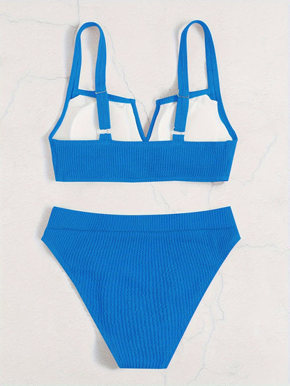 Vibrant Two-Piece Ribbed Swimsuit Set - High Stretch, Thin Straps, V-Neck, High Cut Bottoms, Comfortable, Quick Drying, Summer Beachwear for Women - Perfect for Water Sports, Pool Party, and Vacation