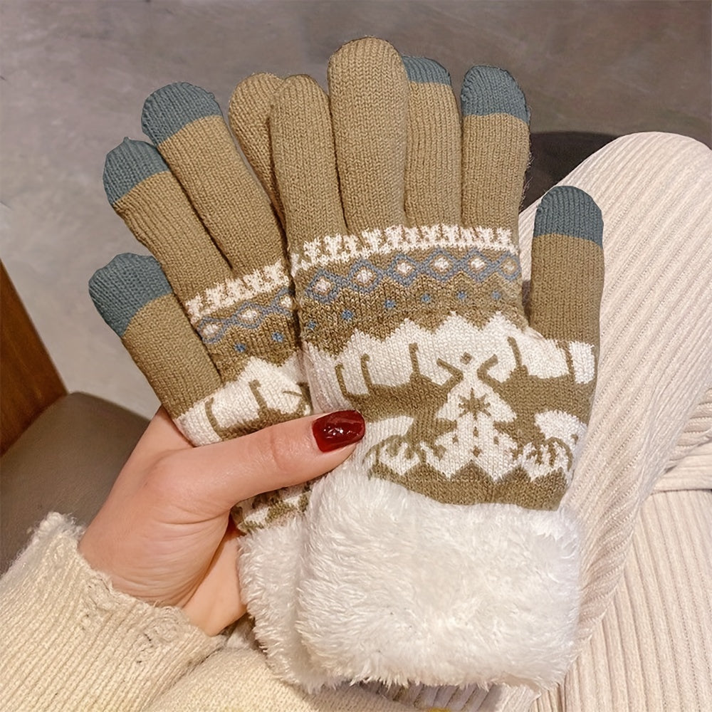 Cozy Fleece-Lined Winter Gloves with Cute Deer Jacquard Design - Touchscreen Compatible, Warm & Windproof for Outdoor Activities