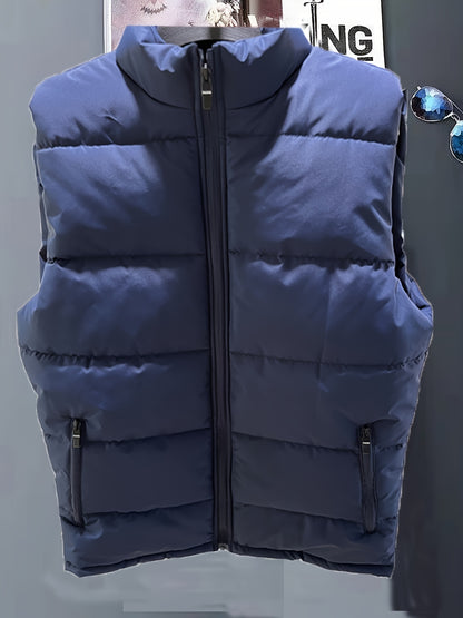 Men's Trendy Solid Puffer Vest, Casual Stand Collar Zip Up Down Vest For Outdoor Fall Winter