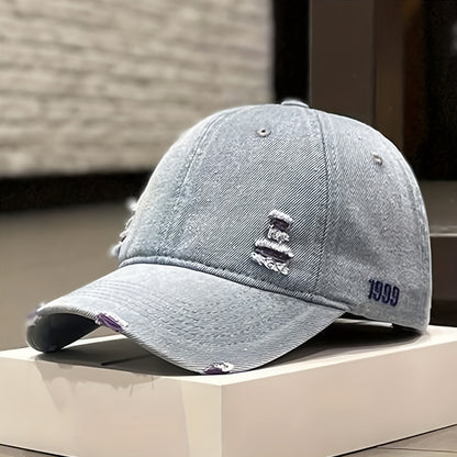 Trendy 1pc Distressed Denim Cap - Rugged Style – Versatile for Casual Wear in Spring to Autumn