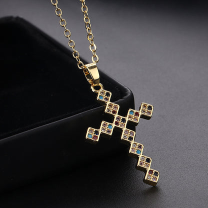 INS Vintage Gold Cross Necklace Personalized Pendant Zircon European and American Style Necklace Special-Interest Design Titanium Steel Clavicle Chain