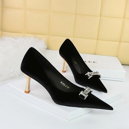 2025 1818-K80 banquet women's shoes high heels Xishi suede shallow mouth pointed rhinestone buckle metal decorative high heel single shoes