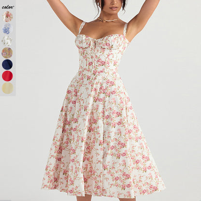Fashion Suspender Skirt 2024 European and American Style Summer New Floral Print Large Swing Dress with Straps