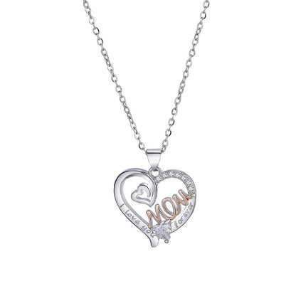 Cross-Border New Arrival Hot Selling HOTan and NEWn Wish  Heart-Shaped Mom Double Love Mother Necklace Diamond Letters Pendant