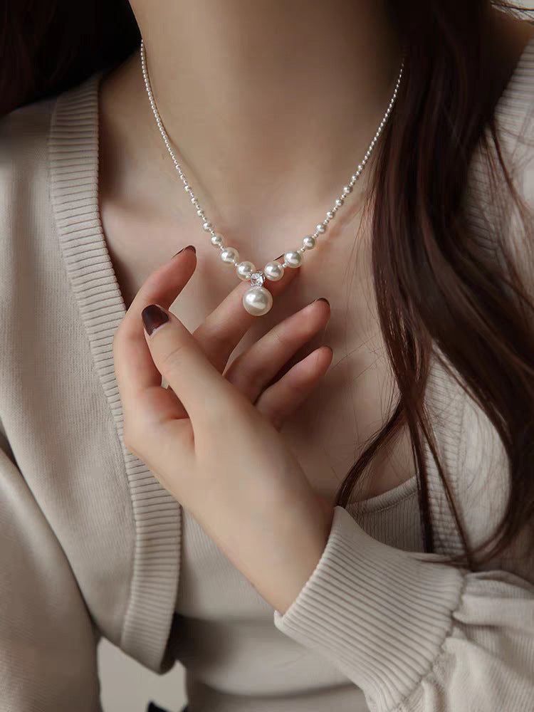 Shijia Baby Pearl Gradient Clavicle Chain Small Pieces of Silver Necklace Female Special-Interest Design Light Luxury Necklace Fashion Sweater Chain