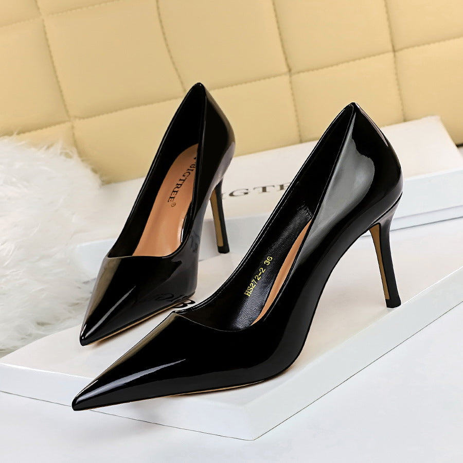 2025 272-2  simple high-heeled glossy patent leather shallow mouth pointed head sexy and thin professional OL high-heeled shoes women's single shoes