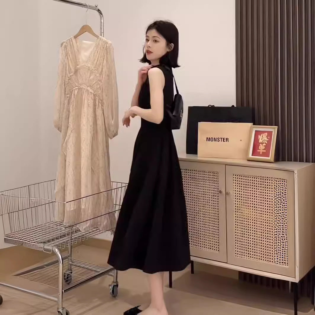 Black High-End Exquisite Dress  Spring New Women's Hepburn Style Slimming Vest Long Dress with High Texture
