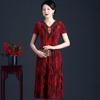 VAKKV Summer V-neck Married Daughter Fashionable Mom Dress Dress Mother-in-Law Wedding Party Dress Attend Wedding Noble Son