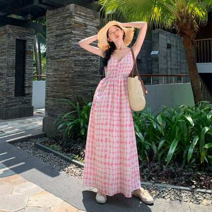 2025 Thailand travel wear beach dress seaside vacation pink plaid suspender dress female sexy backless long skirt