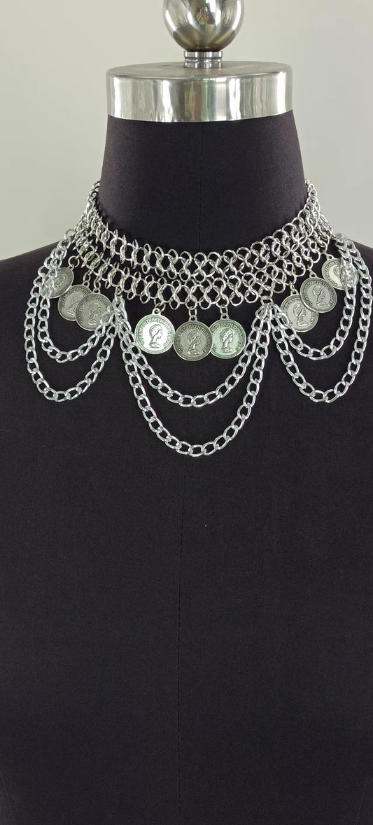 2025  MW3171 2025 necklace queen disc coin pendant ring chain wavy tassel pendulum chain necklace collar