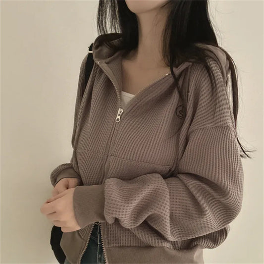 VAKKV Manufacturer Small loose zipper cardigan jacket Large size clothes Korean version hooded thin waffle sweater women