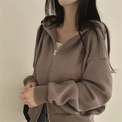 VAKKV Manufacturer black small loose zipper cardigan jacket on clothes Korean version hooded thin waffle sweater women