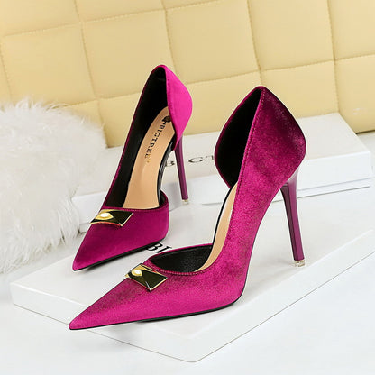 2025 1363-AK81  women's shoes thin heel high heel shallow mouth pointed side hollow metal decoration thickened suede single shoes